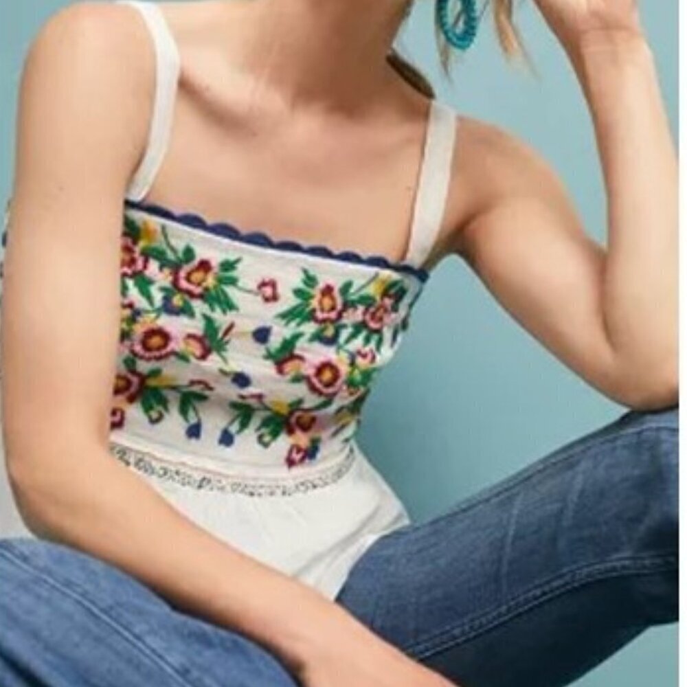 NWT! Anthropologie White Floral Embroidered Tank with Multicolor Bloom